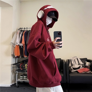 wassup happy重磅连帽卫衣男款春秋季潮牌oversize酒红色休闲外套图片