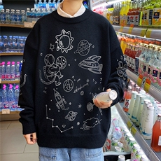 1港风新款宽松休闲中性情侣圆领潮流印花毛衣男外套7804P55加绒70，男装针织衫/毛衣，星座226-2