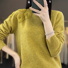 2024新款女装手工绣花半高领羊毛毛衣，女装羊毛衫，北娇羊绒