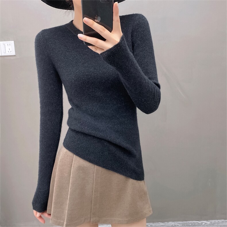 春季新款圆领针织衫女100纯山羊绒上衣欧货高端修身打底软糯毛衣，女装羊绒衫，织绒羊