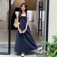 小飞袖衬衫蓝色背带裙女夏两件套连衣裙俏皮减龄学院风流行超火，女装连衣裙，2D045