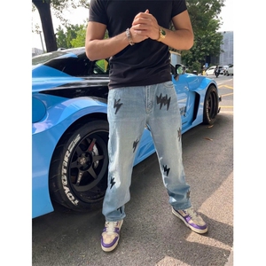 美式图案贴布闪电水洗直筒牛仔裤男女潮牌宽松轻奢裤子ZGT832 P39图片