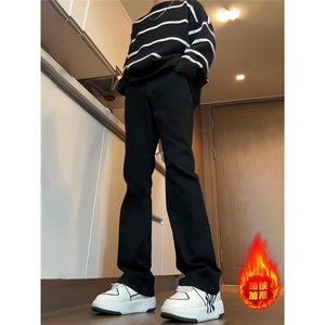 cleanfit黑色加绒牛仔裤男款修身弹力vibe美式裤子高街直筒微喇裤