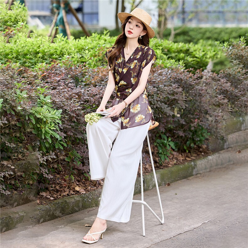 2025夏季新款设计感气质法式复古印花收腰衬衫阔腿裤两件套,女装套装/套裙,妙形