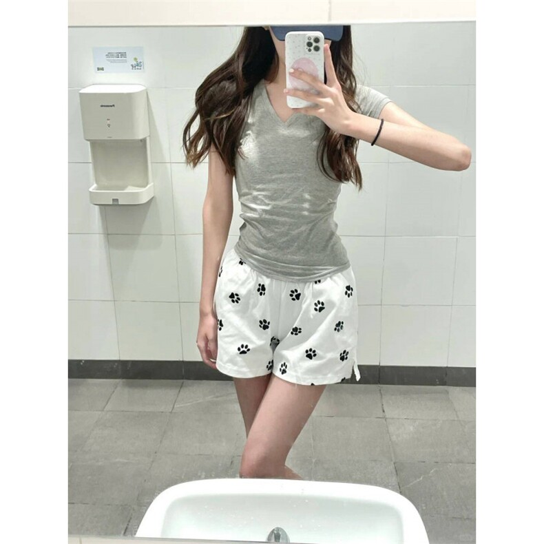 AK2391-p25小狗脚印白色短裤女夏季薄款宽松小个子阔腿休闲热裤图片