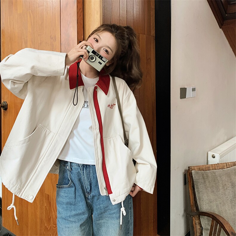 小个子学院风拼接撞色短外套女2025春季新款复古宽松时尚休闲夹克,女装短外套,维壹