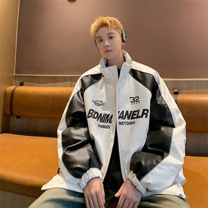 主推美式复古拼接pu机车服潮流情侣加厚充棉加厚加长反光条M7725图片