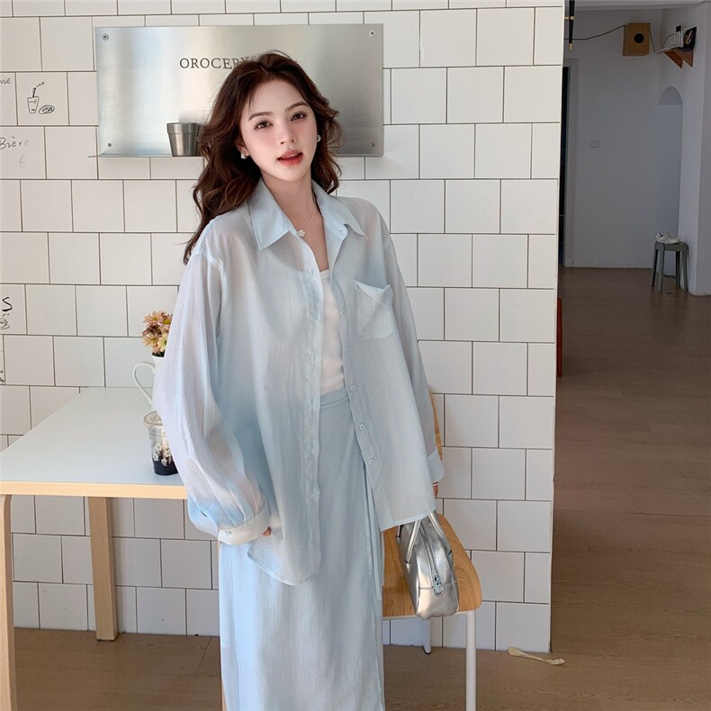 蓝色休闲时尚套装女2025夏季新款气质一整套穿搭衬衫半身裙两件套,女装套装/套裙,2C107