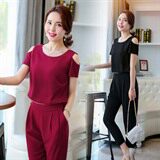 时尚显瘦绿色露肩连体裤女夏季新款气质高腰阔腿裤套装，女装连体裤，贵人树