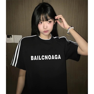 抖音得物高品质二开240克宽松纯棉美式潮牌三条杠织带短袖T恤图片