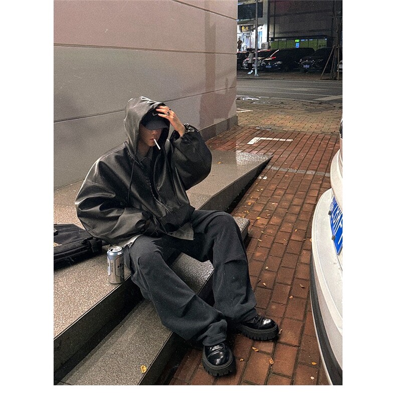 短款连帽皮衣外套男2025新款韩版廓形高级感宽松百搭风衣PU皮夹克,男装风衣,星座1210-1