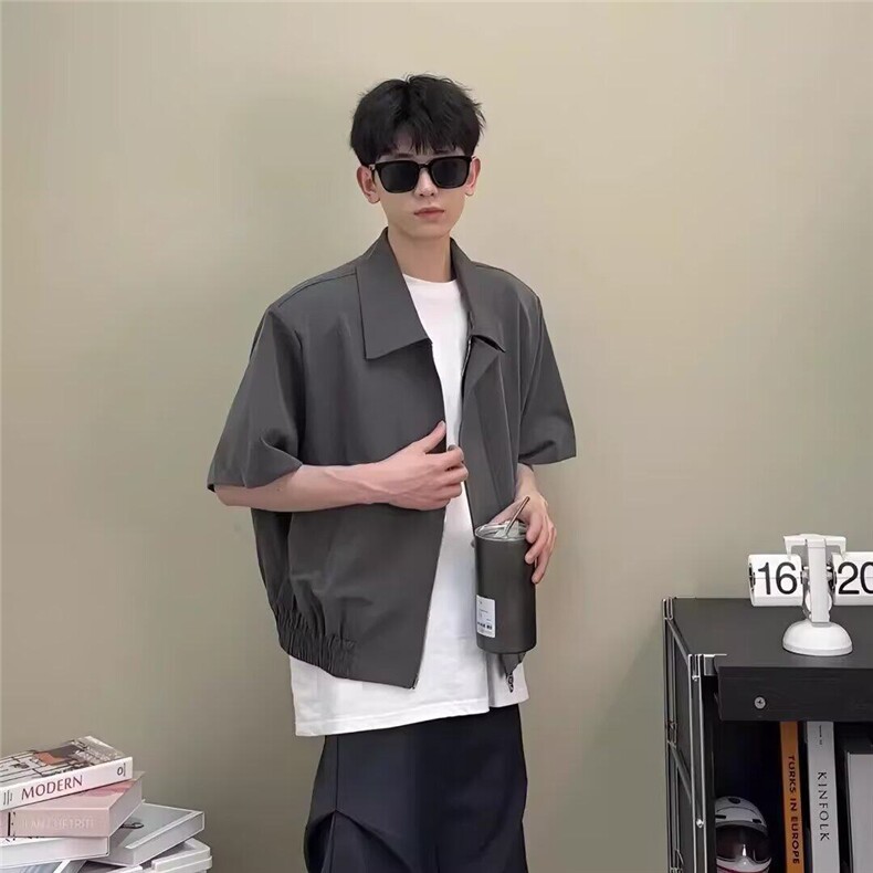 cleanfit垫肩短袖外套男款夏季痞帅高级感男装黑色短款飞行员夹克,男装夹克,星座603-2
