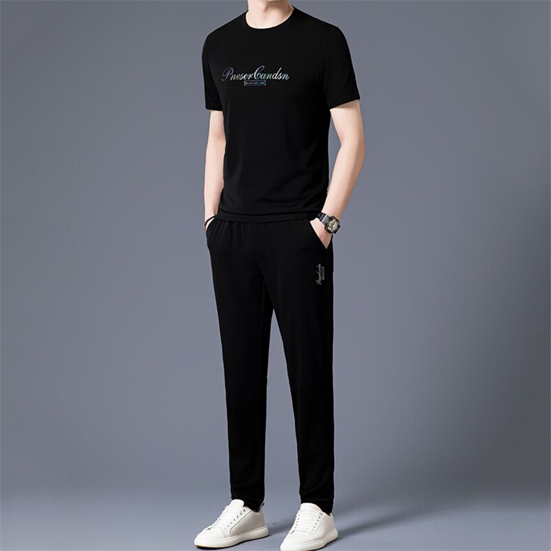 HP5081夏季新款男士运动休闲套装二件套圆领印花男装速干百搭短袖图片