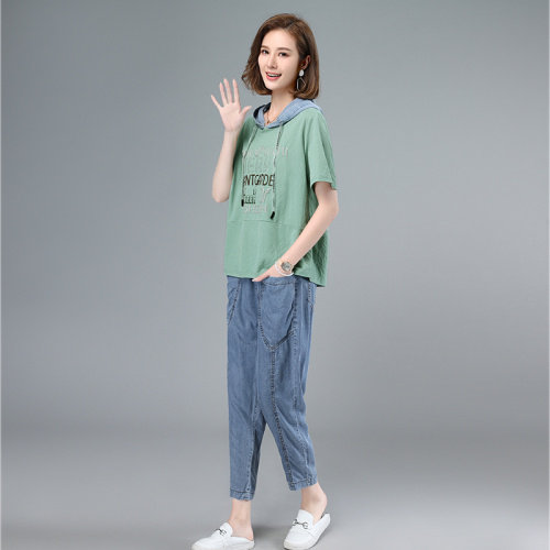 2021夏季新款时尚休闲拼接连帽印花套装,女装套装/套裙,叶笙衣