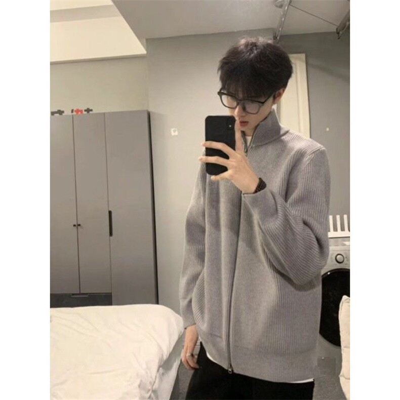 双拉链开衫毛衣男秋季复古潮牌立领青少年高级感慵懒风针织衫外套,男装针织衫/毛衣,星座506A