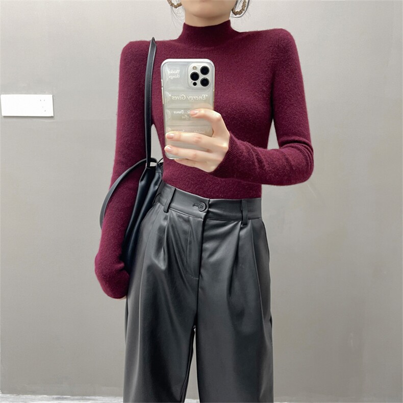秋冬新款半高领针织衫女套头毛衣抽条打底衫时尚百搭修身显瘦内搭,女装羊绒衫,织绒羊