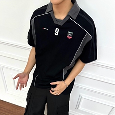 美式复古拼接设计字母刺绣运动风男女宽松polo领短袖T恤LY811-P42，男装T恤，星座1008