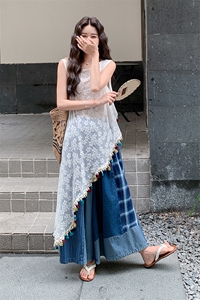 设计感不规则流苏罩衫套装女2025夏新款休闲高腰显瘦阔腿裤两件套图片