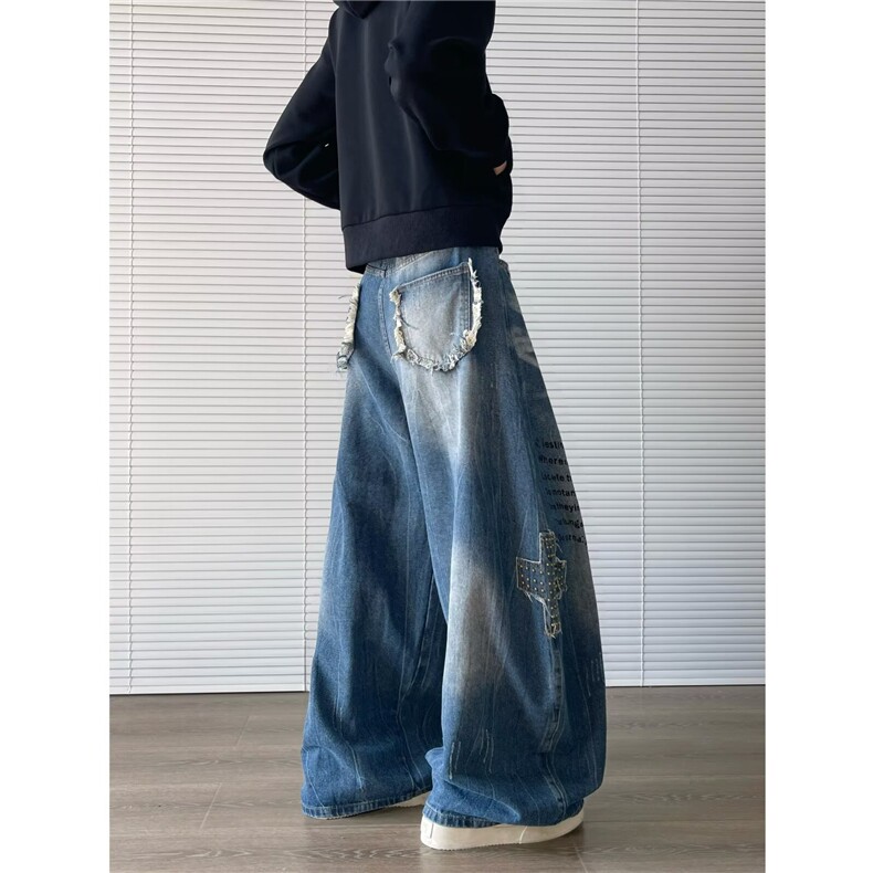 水洗蓝色猫须弯刀牛仔裤男女微喇宽松阔腿拖地镰刀裤N0823-P60,男装牛仔裤,星座308B-2