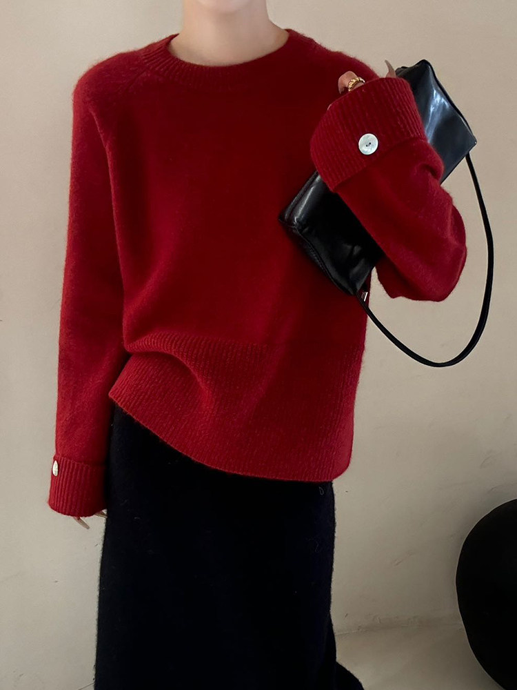 2025年秋季新款纯色圆领针织套头上衣女休闲百搭,针织衫/毛衣,贝美羊绒