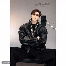 秋冬复古格子拼接机车皮衣夹克外套男潮JK2377-P145（网图），男装夹克，电商B267