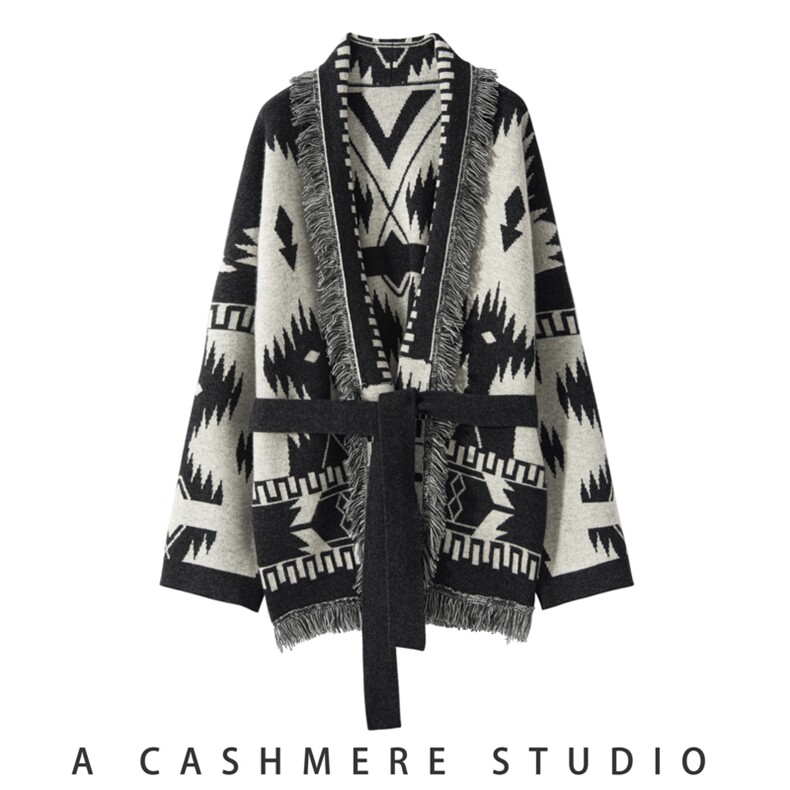 复古欧货提花拼色山羊绒开衫秋冬女装加厚流苏披肩针织外套羊毛衫，女装羊绒衫，艾森羊绒