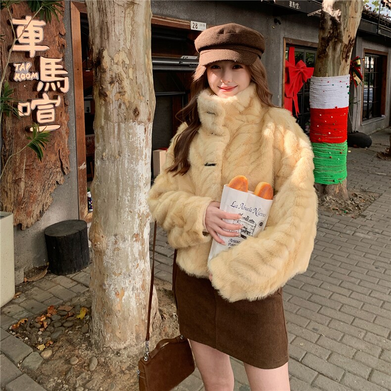 黄色立领仿水貂毛皮草短外套女秋冬超火好看皮毛一体加绒加厚棉服,女装短外套,2B082