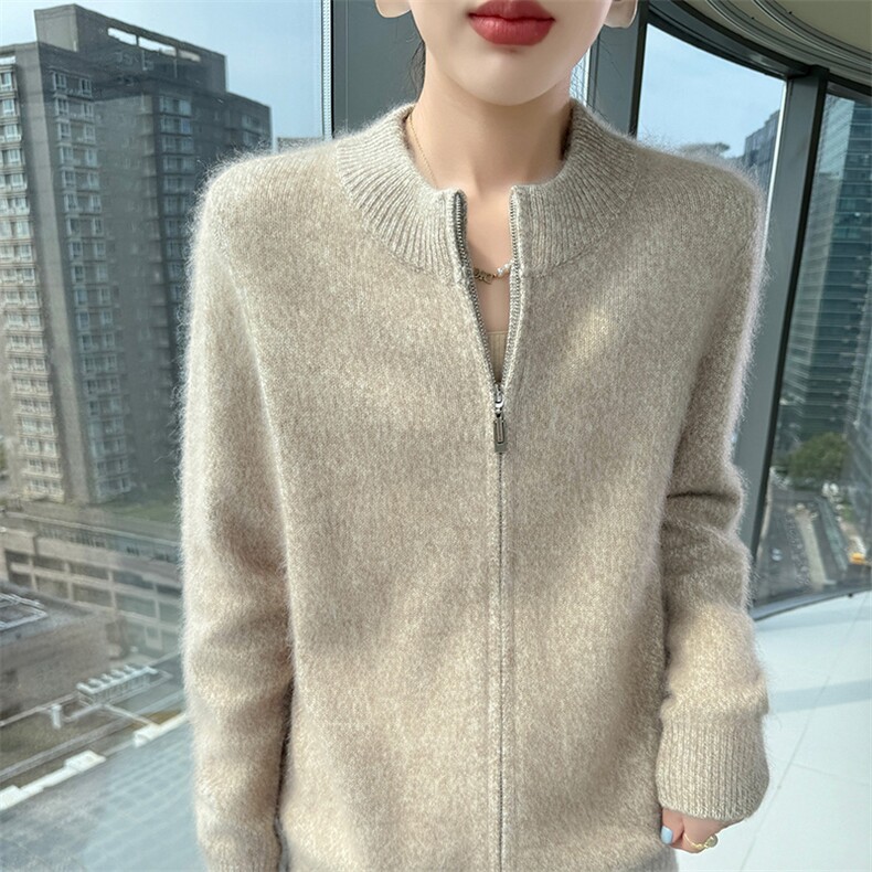 2025秋冬百搭时尚简约半高拉链长袖彩点针织衫，女装针织衫/毛衣，冬贝尔貂绒