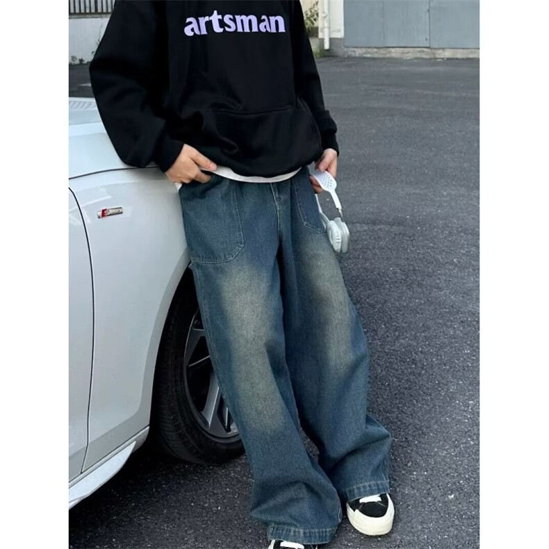 美式复古垂感拖地洗水怀旧做旧直筒牛仔裤设计感中性古着裤百搭,男装牛仔裤,星座506A