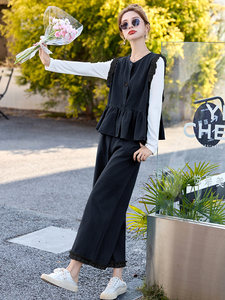 超好看蕾丝花边牛仔套装女2025夏季新款韩系减龄马甲阔腿裤两件套图片