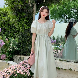 系带收腰连衣裙女夏褶皱泡泡袖显瘦中长裙2C276-L3440-P110-K155图片