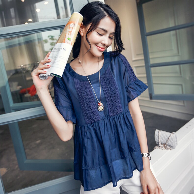 时尚宽松显瘦蕾丝拼接短袖T恤女夏季新款韩版百搭上衣，女装T恤，深水步