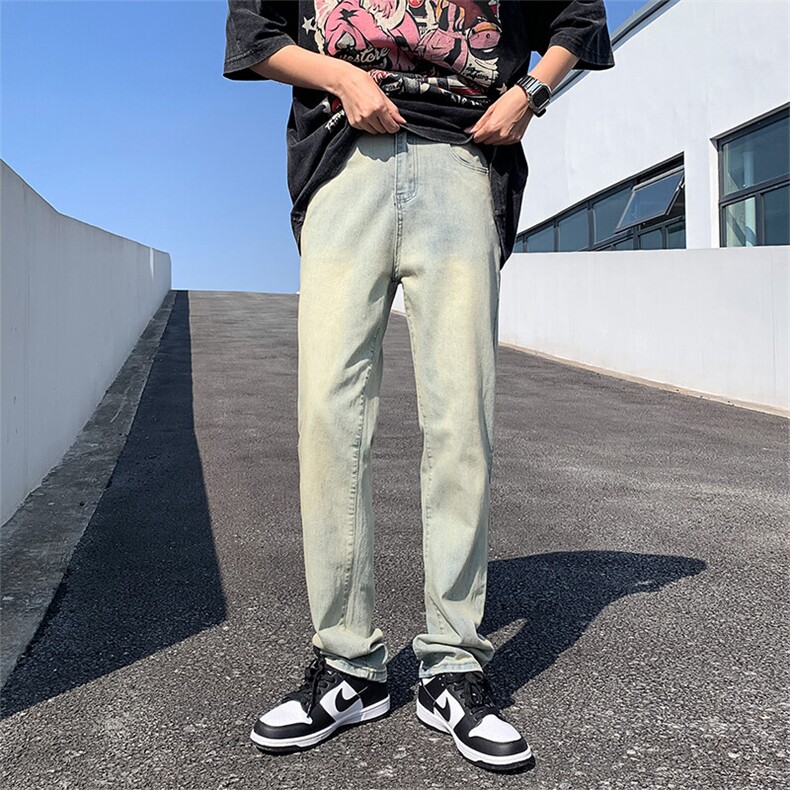 美式牛仔裤男款春季水洗做旧黄泥染长裤高街宽松直筒裤子YZ87-P50图片