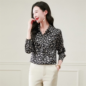 时尚重磅真丝衬衫女士长袖印花春装气质缎面丝绸真丝上衣女衬衣图片