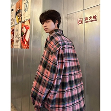 8XL-M印花黑粉格子衬衫男美式复古款式修饰衬衣外套情侣CS523P45，男装衬衫，电商D206-1