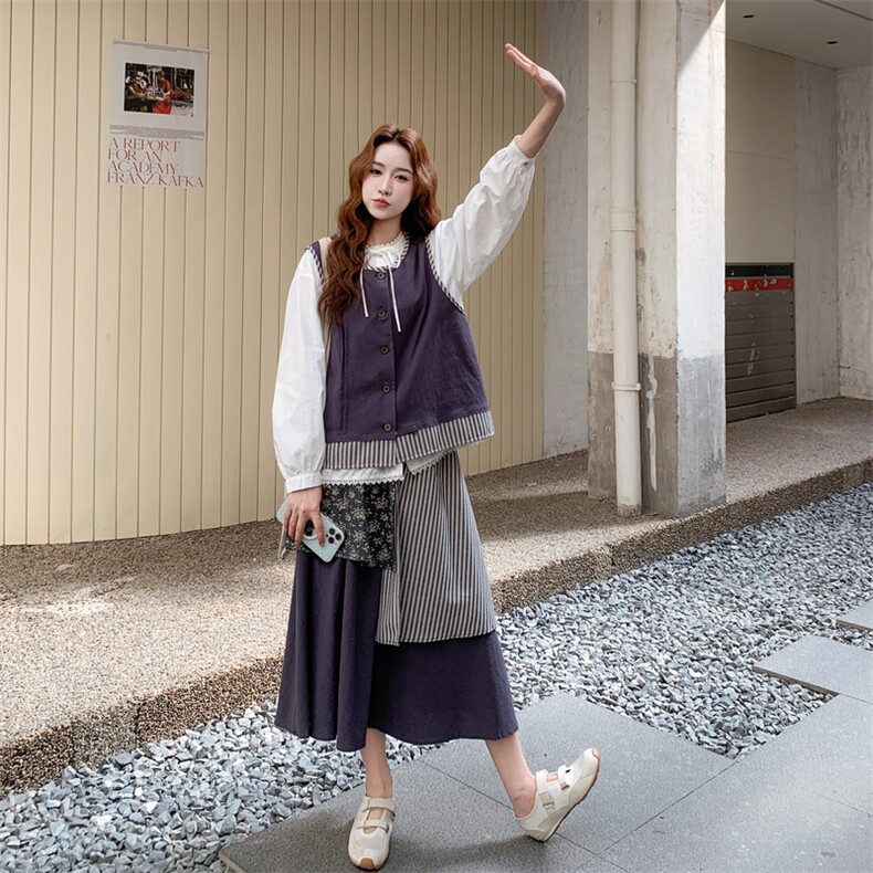 藏青色马甲衬衫半身裙套装女夏2025新款学院风森系巨好看三件套,女装套装/套裙,2D014
