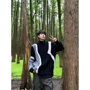 小众拉链高领针织衫外套男秋冬新款慵懒风休闲港风毛衣潮 MC37图片