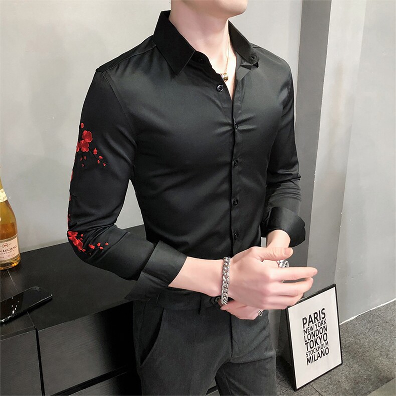 秋冬男士长袖修身梅花刺绣修身衬衣衬衫休闲A236-8826-P55,男装衬衫,电商A236