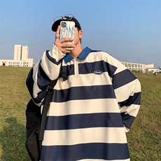 秋季韩版潮流宽松牛仔翻领卫衣男百搭条纹港风长袖T恤W6377-P38，男装卫衣，星座512-2
