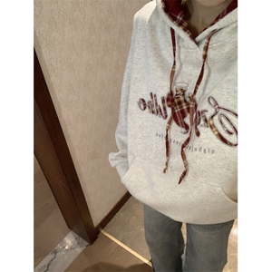 EE154-P75 纯棉华棉加绒加厚连帽字母刺绣保暖卫衣上衣女图片