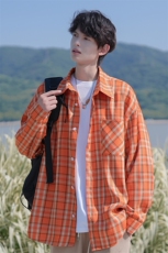 特批P33无差价2025秋季新款潮流复古橙色格子大码长袖衬衫男C5468，男装衬衫，电商A001
