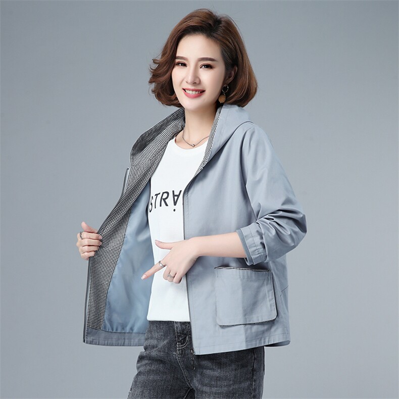 女士纯棉短款外套2021春秋季新款韩版时尚连帽拉链全棉上衣妈妈装，女装短外套，伊满意