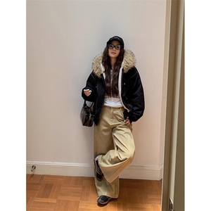 现货重磅boxy短款棉衣座山雕大毛毛领男女棉服水洗工装厚外套图片