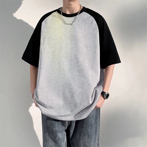 抖音得物高品质二开240克宽松纯棉美式潮牌插肩袖拼接短袖T恤图片