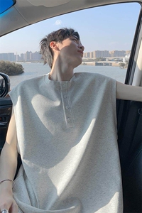 特批P25无差价夏季港风复古亨利领曼巴棉重磅无袖大码背心男T5378图片