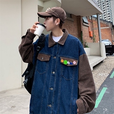 2023港风秋款男牛仔夹克灯芯绒拼色牛仔别针装饰外套JK102P75，男装夹克，星座1013-1
