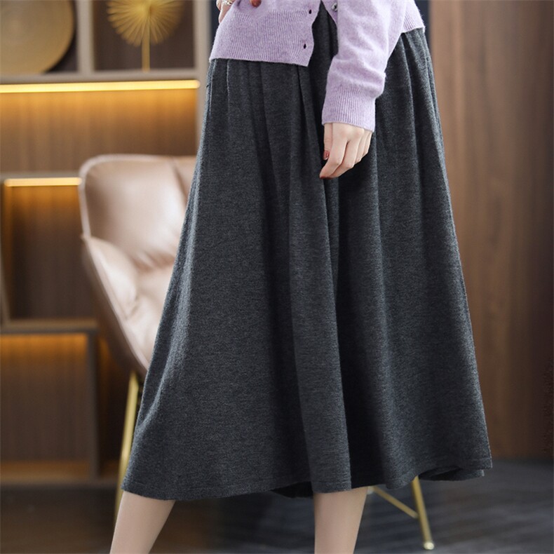 2022新款精纺羊毛半身裙女高腰中长款针织百褶A字裙羊绒大摆伞裙,女装半身裙,暖烁羊绒