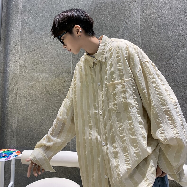 外套Polo领条纹衬衫高级感法式衬衣宽松长袖上衣CS0910-P40,男装衬衫,星座308B-1