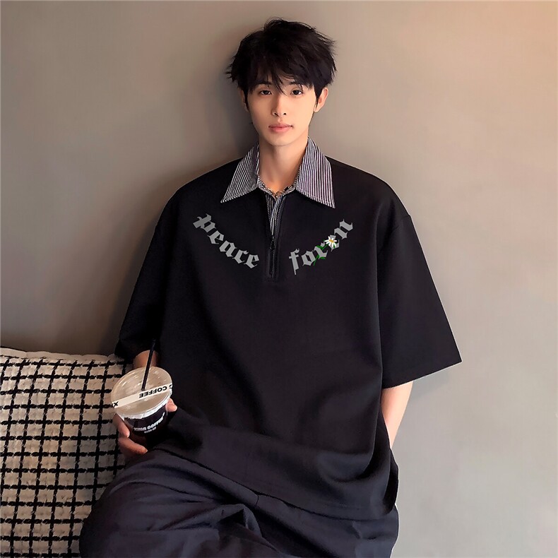 翻领撞色拼接美式复古潮牌半拉链假两件短袖POLO衫T173-P48，男装Polo衫，电商C307