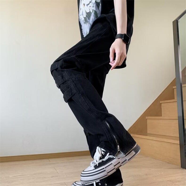 欧美高街vibe裤子男潮牌绑带设计感微喇牛仔裤拉链开叉工装直筒裤,男装牛仔裤,星座410-7